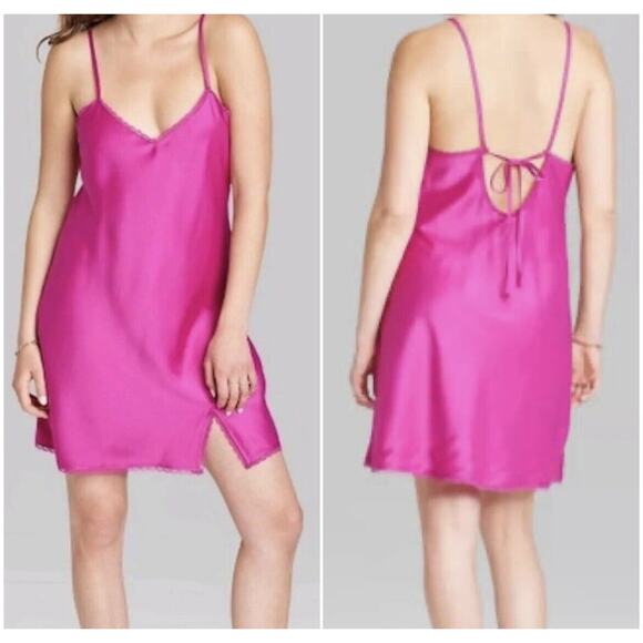 Wild Fable Vibrant Pink Satin Lace Trim Slip Dress‎ Large - Picture 1 of 4
